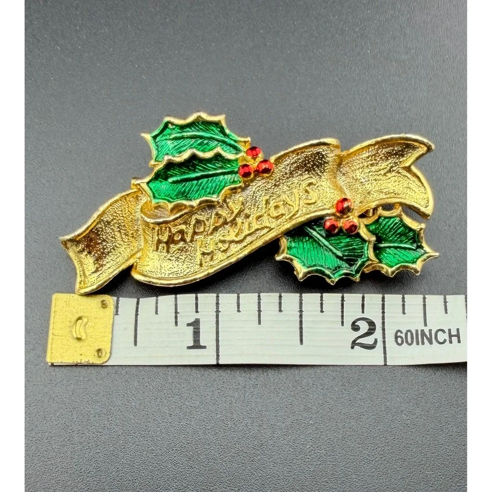 Gerrys Christmas Brooch Gold Tone Happy Holidays Holly Enamel Rhinestone Vintage